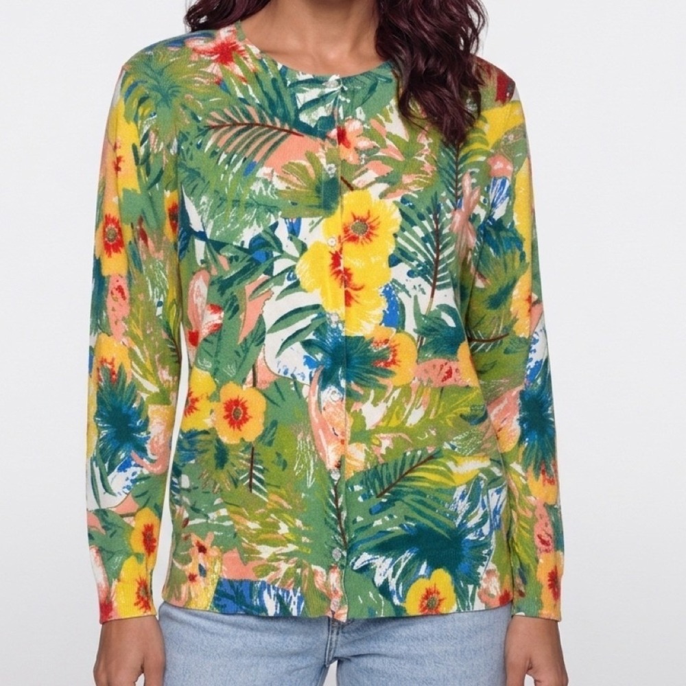 Cable & Gauge Cardigan Women Large Green Tropical Floral Art Botanical Sweater